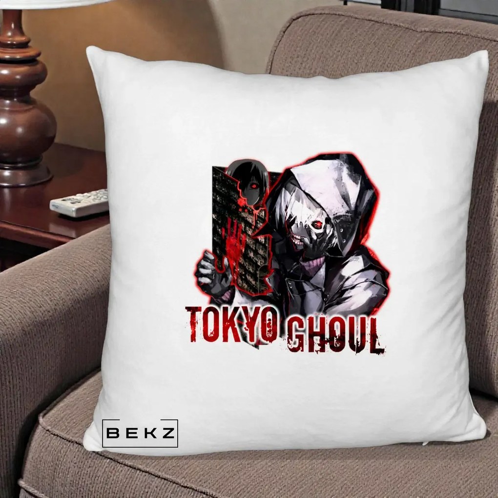 Perna Personalizata Tokyo Ghoul Ken Kaneki Anime, 40x40 cm, Alb Pufos, Husa Detasabila, Perna Inclusa, BEKZ®