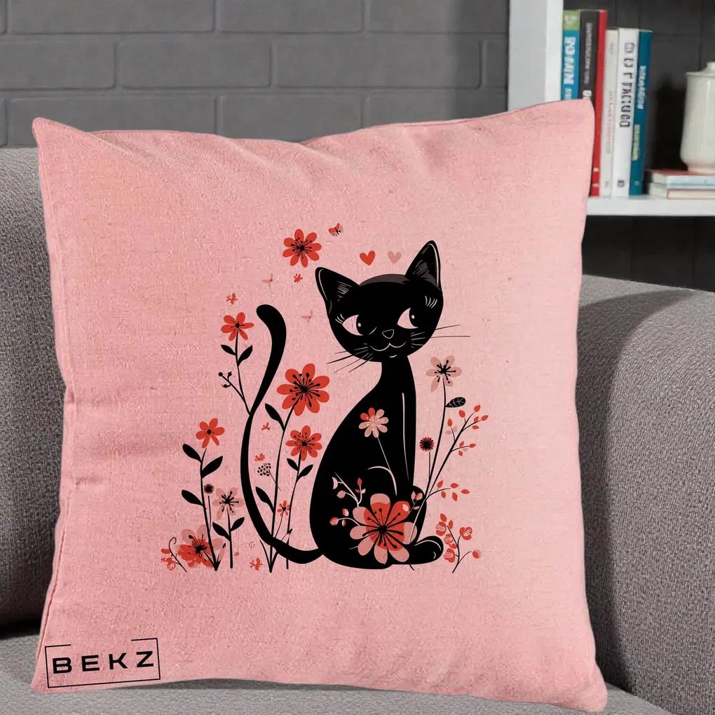 Perna Decorativa Pisica Neagra Flori Roz si Inimi, 40x40 cm, Roz, Husa Detasabila, Perna Inclusa, BEKZ®