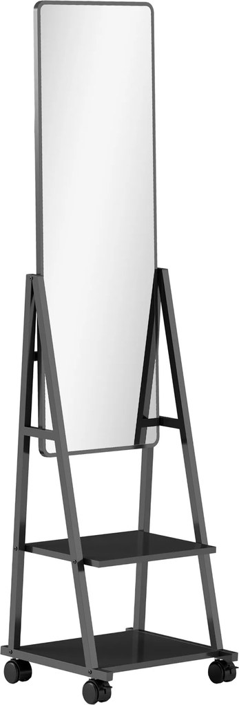 HOMCOM Oglindă Verticală cu 2 Rafturi și 4 Rotile, Oglindă de Podea din Oțel și PAL, 42x37x155 cm, Negru | Aosom Romania