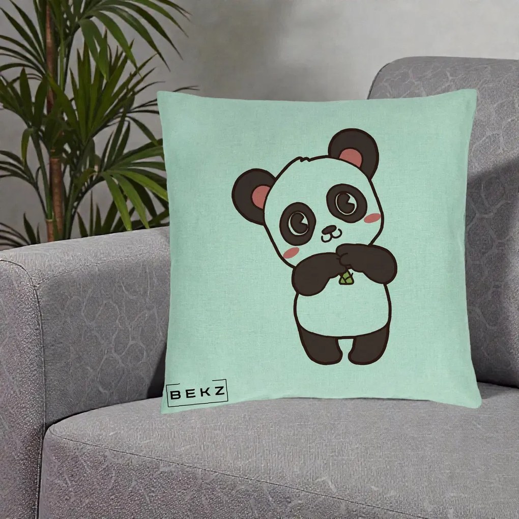 Perna Personalizata Panda Kawaii cu Bambus, 40x40 cm, Verde Menta, Husa Detasabila, Perna Inclusa, BEKZ®