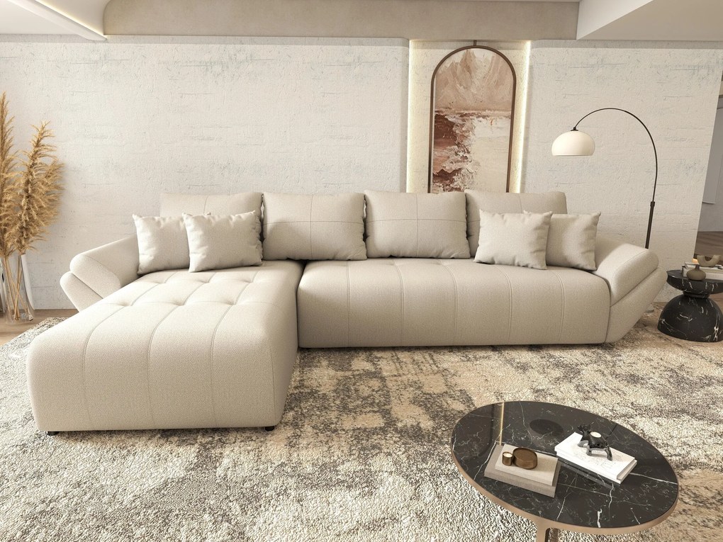 Colțar extensibil dumonde cu ladă de depozitare si sezut confortabil din spuma high-density, Berlin XL Enjoy Beige 350x185 cm