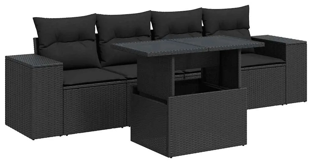 3326716 vidaXL Set mobilier de grădină cu perne, 5 piese, negru, poliratan