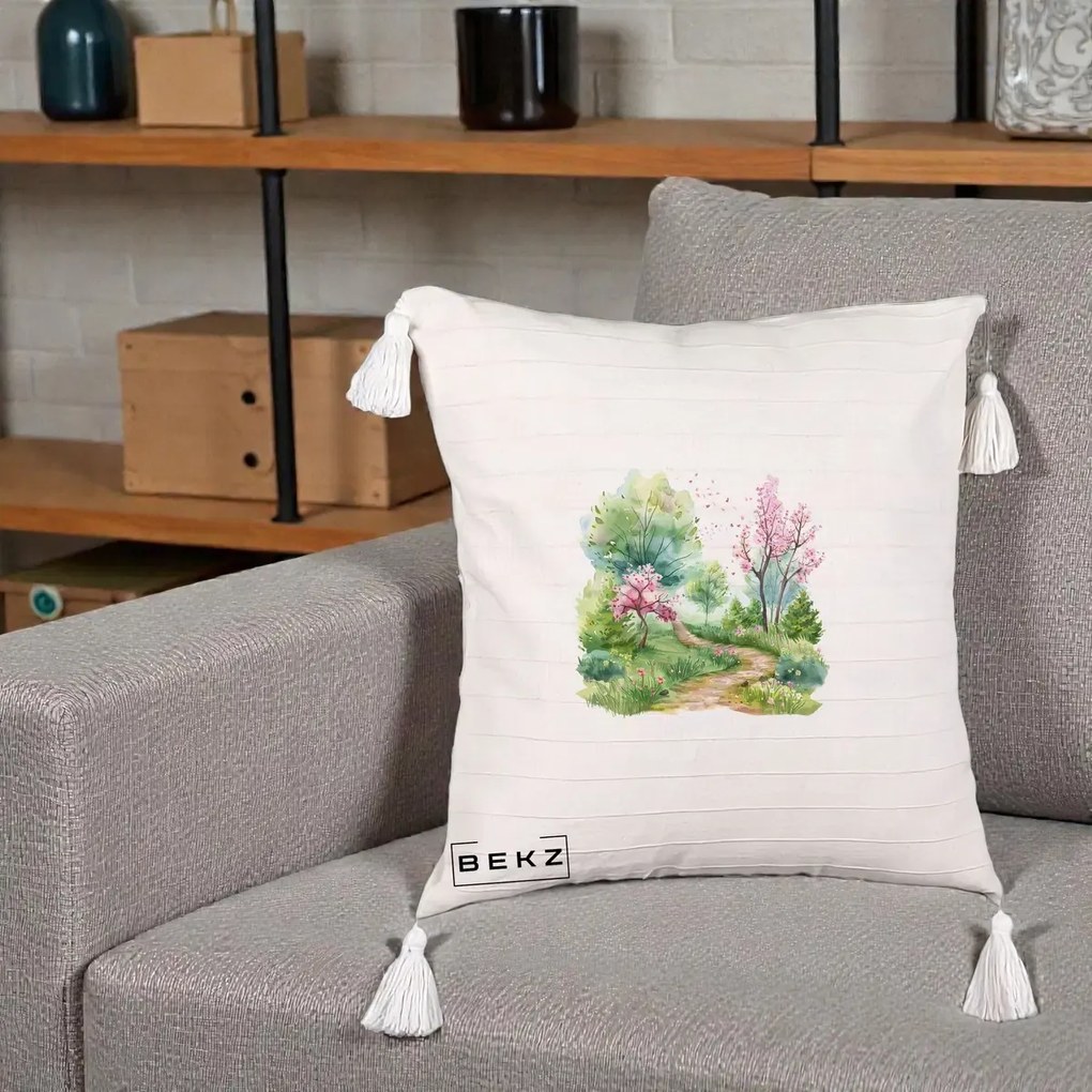 Perna Decorativa Gradina Primavara Acuarela, 40x40 cm, Bej cu Franjuri, Husa Detasabila, Perna Inclusa, BEKZ®