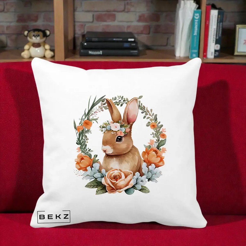 Perna Decorativa Iepuras Floral Coronita Acuarela, 40x40 cm, Alba Mata, Husa Detasabila, Perna Inclusa, BEKZ®