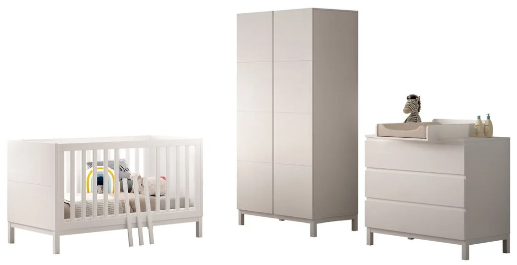 Set Complet Cameră Copii EVA: Pătuț Transformabil 70x140 cm, Comodă cu 3 Sertare, Masă de Înfășat și Dulap 2 Uși, Alb – Vipack
