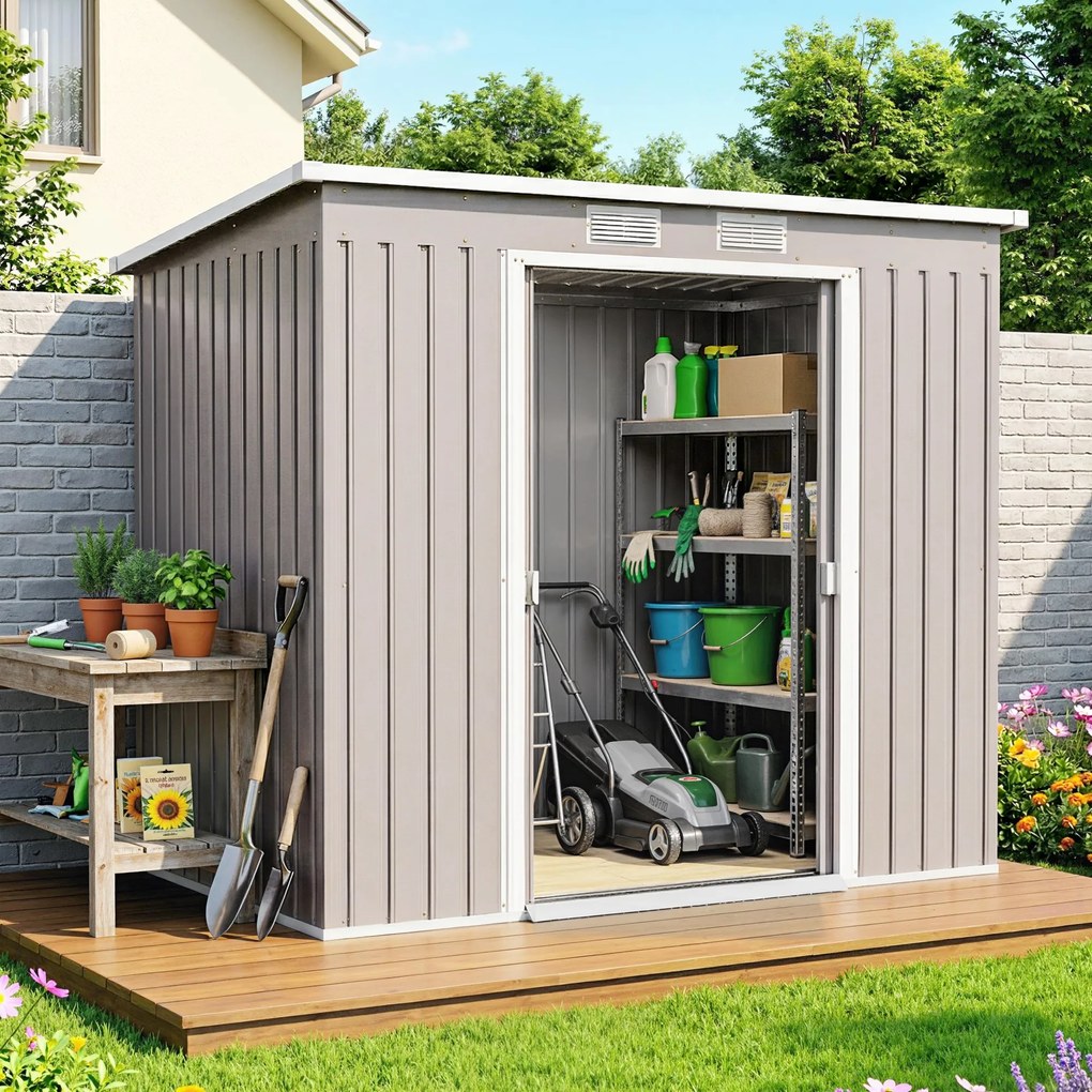 Outsunny Magazie Grădină pentru Unelte cu Acoperiș Înclinat, Metalică, Ușă Dublă și Fante de Ventilație, 213x130x172 cm | Aosom România