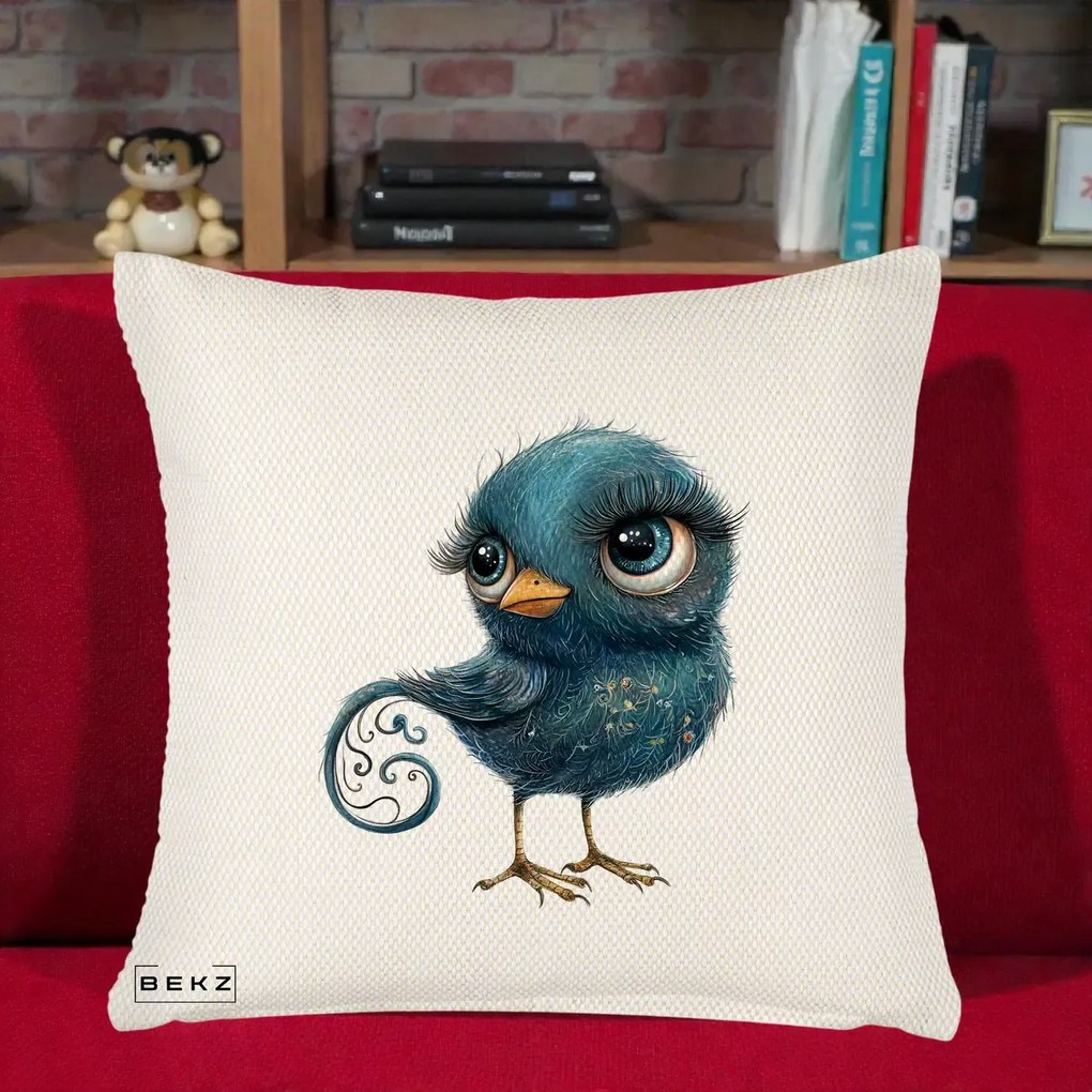 Perna Decorativa Pasare Teal cu Motive Aurii si Coada Spiralata, 40x40 cm, Crem Reliefat, Husa Detasabila, Perna Inclusa, BEKZ®