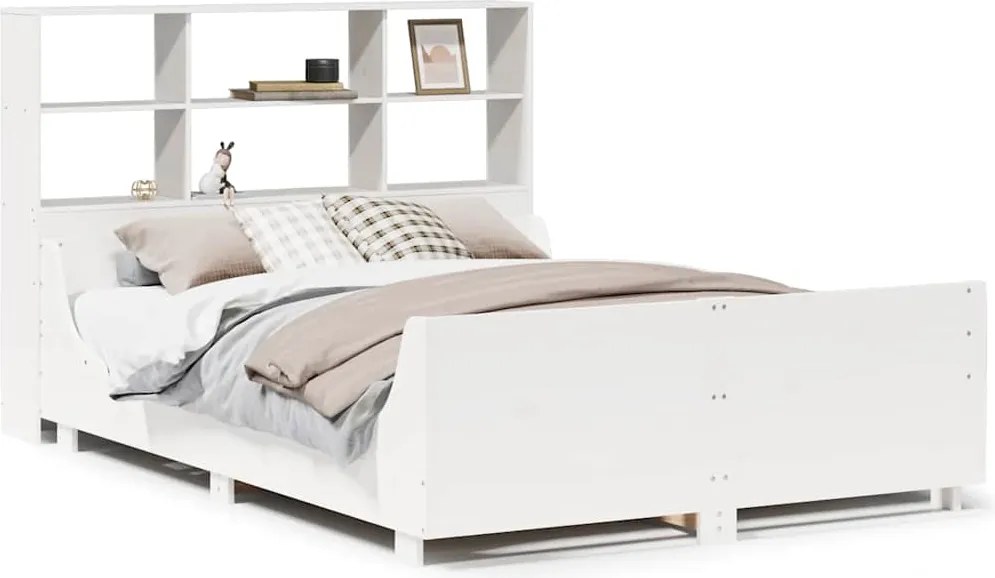 vidaXL Pat cu bibliotecă fără saltea, alb, 140x200 cm, lemn masiv