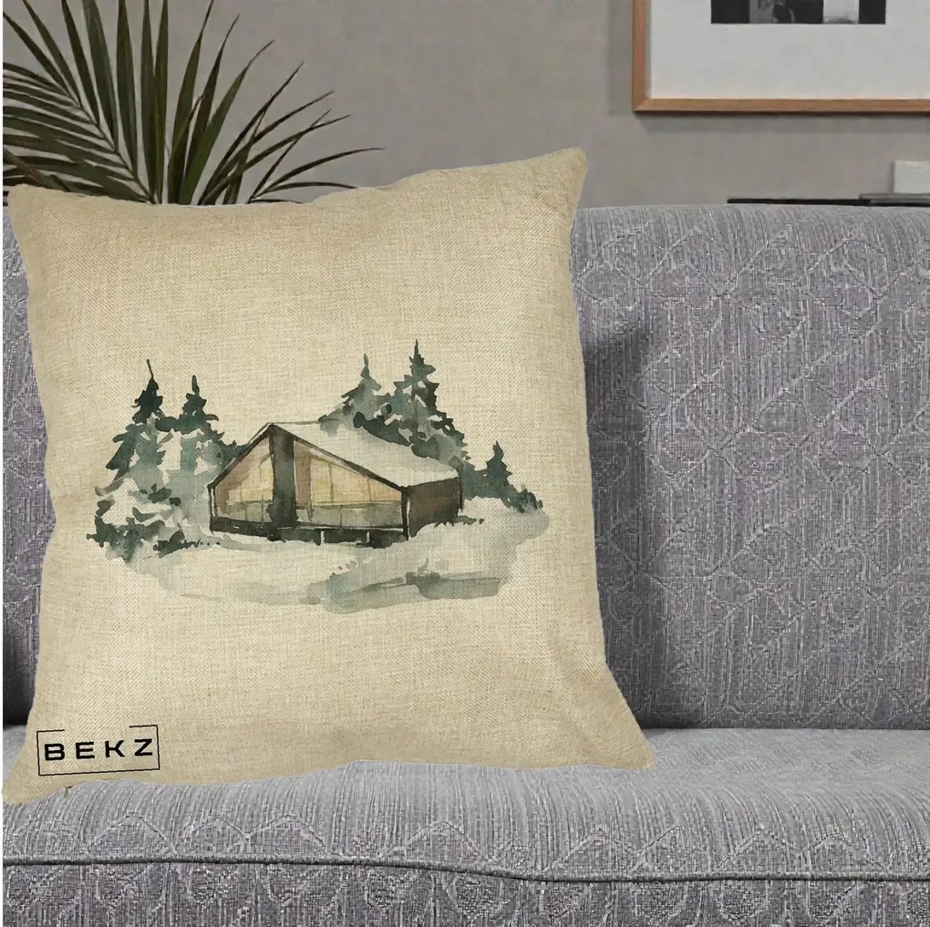 Perna Decorativa Cabana de Iarna in Padure, 40x40 cm, Crem, Husa Detasabila, Perna Inclusa, BEKZ®
