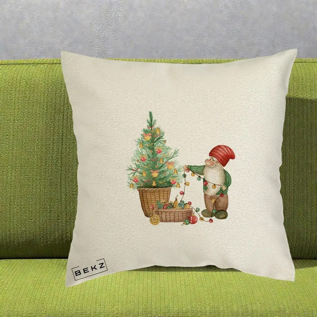Perna Decorativa Pitic de Craciun cu Brad, 40x40 cm, Ecru, Husa Detasabila, Perna Inclusa, BEKZ®