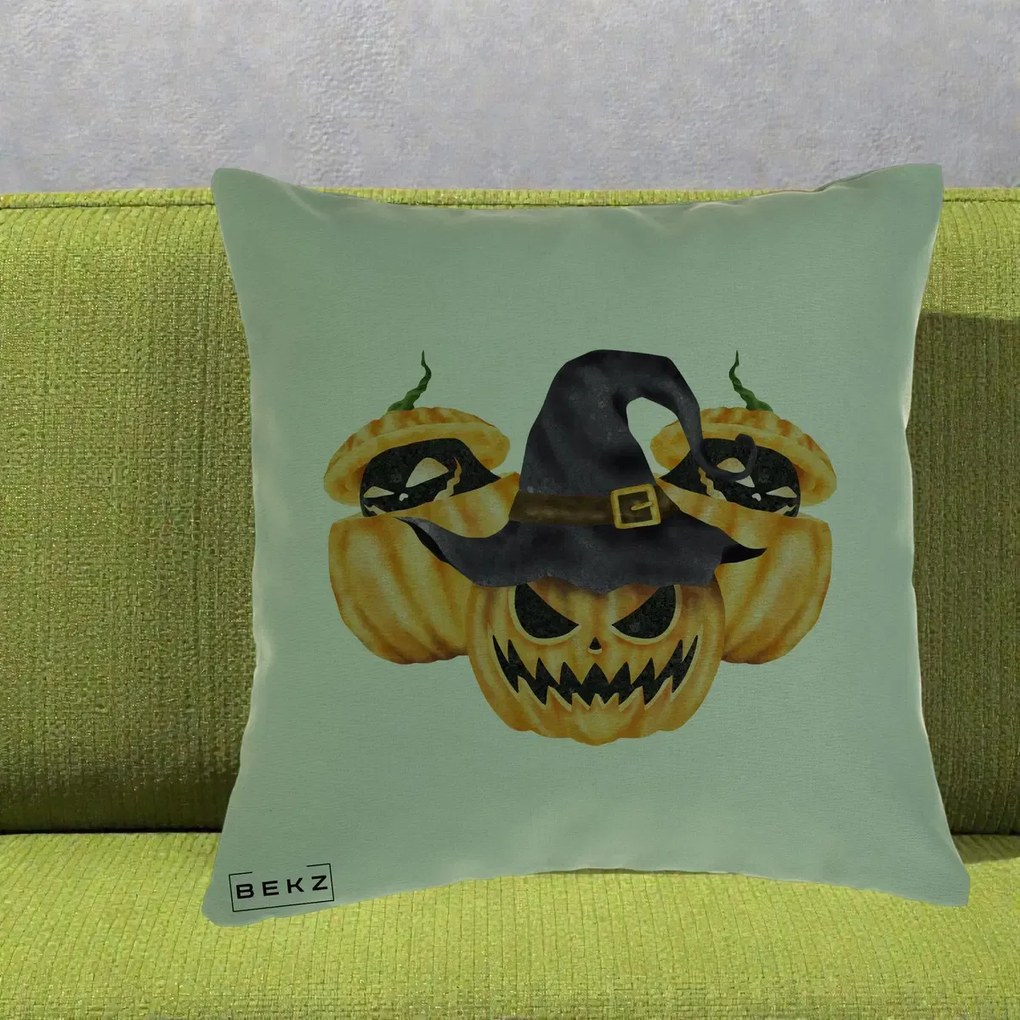 Perna Decorativa Trio Dovleci Jack-o-Lantern cu Palarie Vrajitoare, 40x40 cm, Verde, Husa Detasabila, Perna Inclusa, BEKZ®