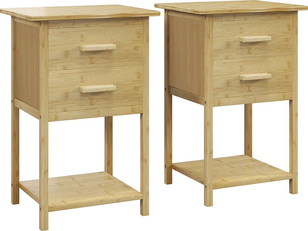 HOMCOM Noptiere, 2 piese, cu 2 Sertare și Poliță de Jos în Stil Nordic, Noptiere Moderne din Bambus, 40x34x60 cm, Lemn Natural | Aosom Romania