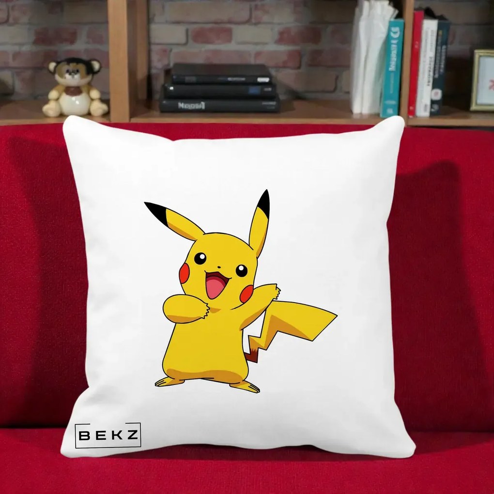 Perna Personalizata Pikachu Fericit, 40x40 cm, Alba Mata, Husa Detasabila, Perna Inclusa, BEKZ®