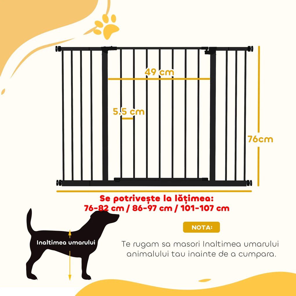 PawHut Poartă pentru Câine Extensibilă cu Deschidere Amplă, Poartă de Siguranță din Oțel și Plastic, 76-107x76 cm, Negru | Aosom Romania