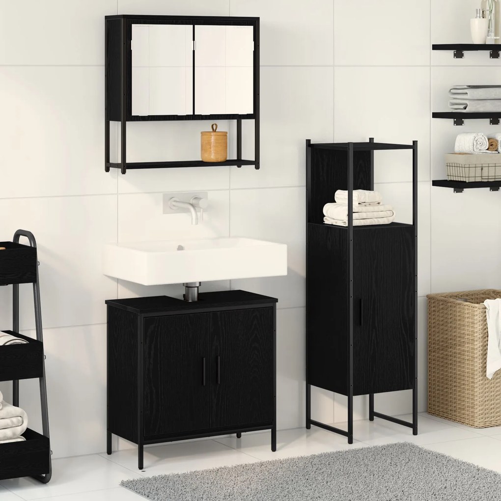 vidaXL Set de Mobilier pentru Baie 3 Piese Negru Stejar Lemn Prelucrat