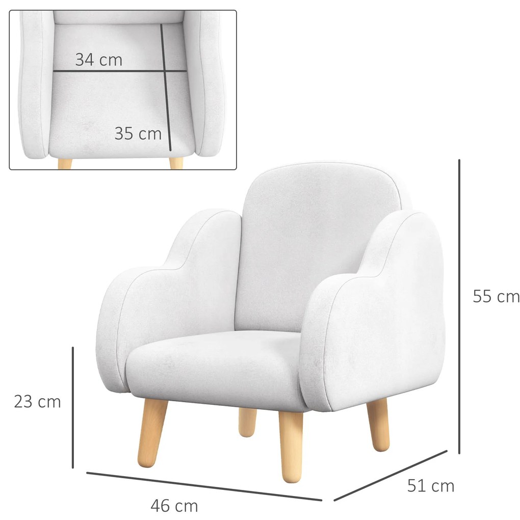 ZONEKIZ Fotoliu pentru copii cu brațe în formă de nor, cu picioare înclinate și material textil, 46 x 51 x 55 cm, alb | Aosom Romania