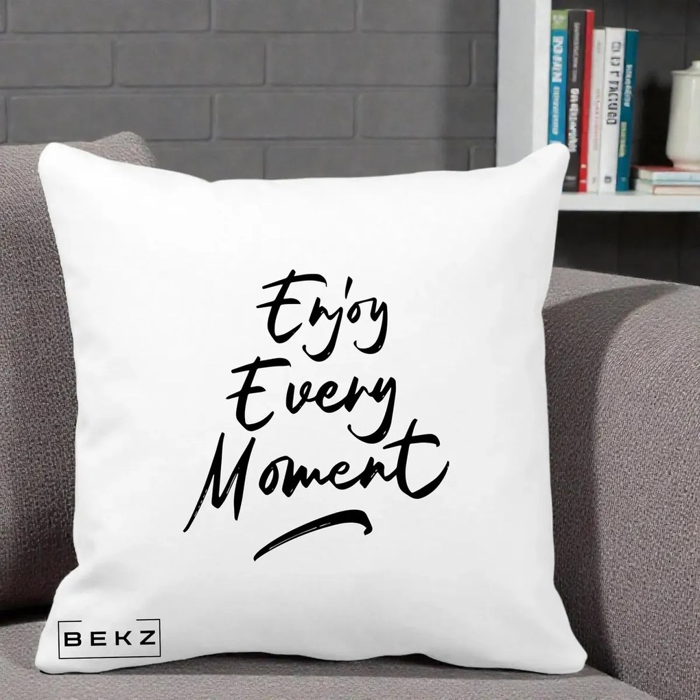 Perna Decorativa Enjoy Every Moment, 40x40 cm, Alba Mata, Husa Detasabila, Perna Inclusa, BEKZ®