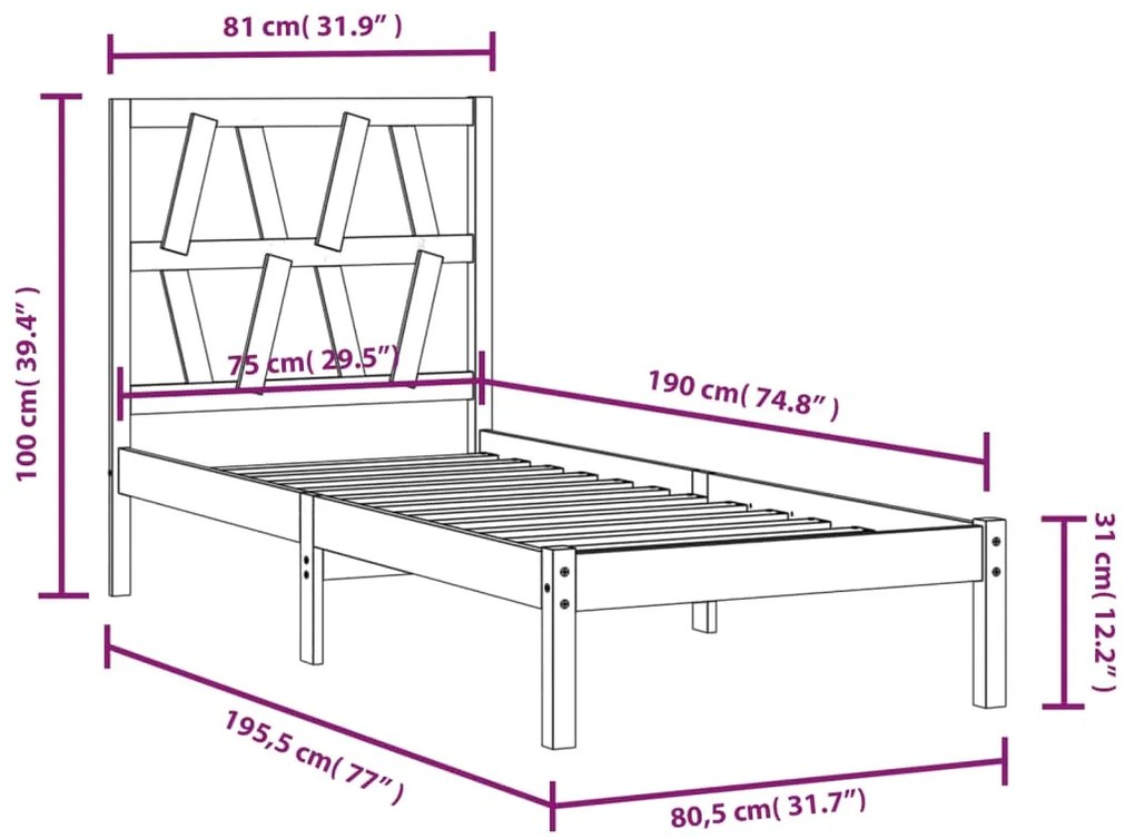 Cadru de pat Small Single 2FT6, 75x190 cm, lemn masiv de pin Maro, 75 x 190 cm