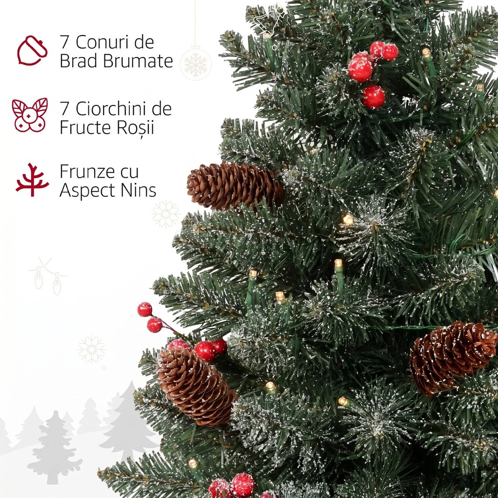 HOMCOM Mini brad de Crăciun 60 cm cu lumini integrate, 86 ramuri, conuri de pin, bobițe roșii, bază din ciment, verde | Aosom Romania