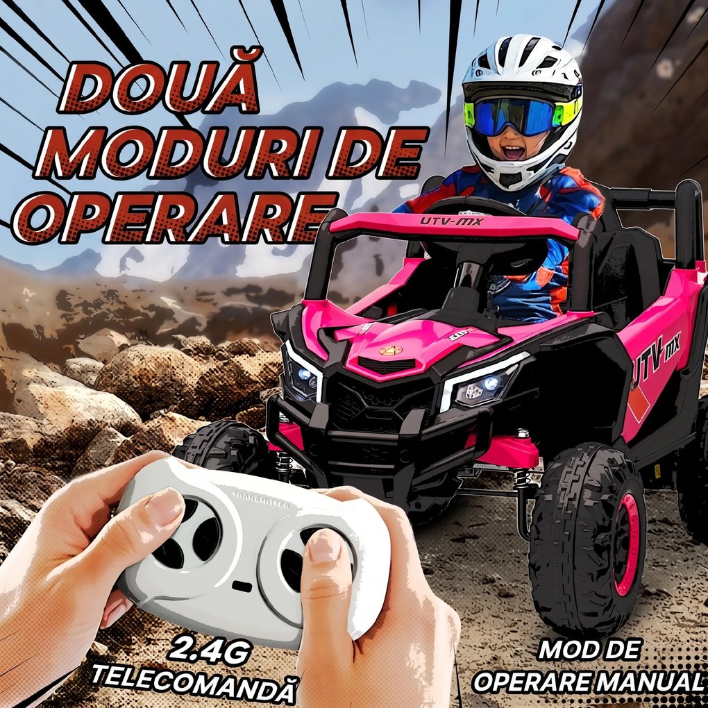 AIYAPLAY Mașină Electrică UTV pentru Copii 12V cu Centură, Telecomandă, Suspensii, USB, 3-7 km/h, 3-5 Ani, Roz | Aosom Romania