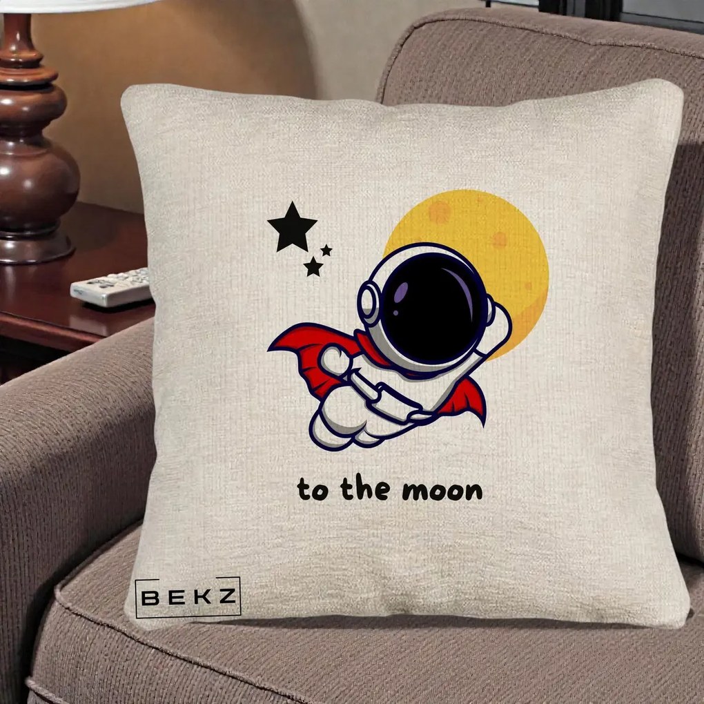 Perna Decorativa Astronaut To The Moon, 40x40 cm, Bej Canapea, Husa Detasabila, Perna Inclusa, BEKZ®