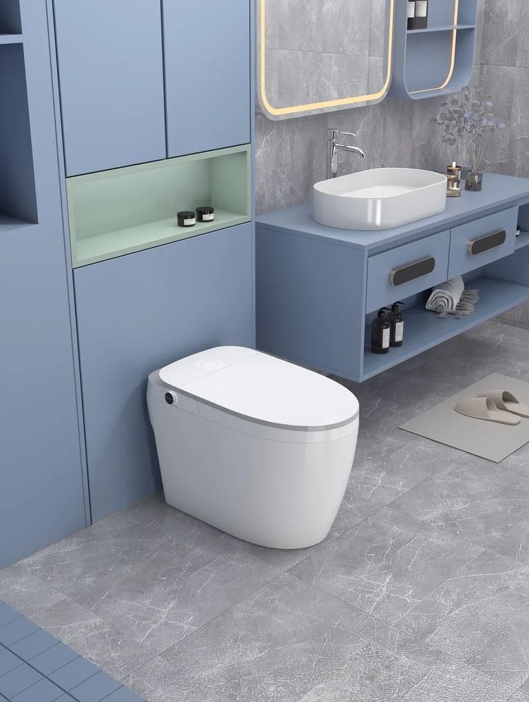 Smart WC 808 – Vas de Toaletă Inteligent cu Bideu, Sterilizare UV, Deschidere/Închidere automată, Senzor picior, Control inteligent al Temperaturii, Uscare aer cald, Iluminare de noapte, Afișaj LED, Telecomandă, Ceramică, Alb