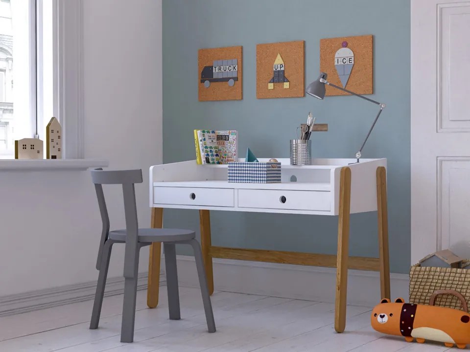 Birou copii din MDF/pin alb cu 2 sertare, 110x55x75 cm