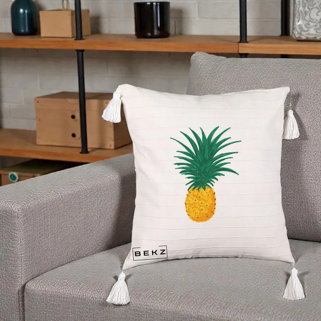 Perna Decorativa Ananas Tropical, 40x40 cm, Bej cu Franjuri, Husa Detasabila, Perna Inclusa, BEKZ®