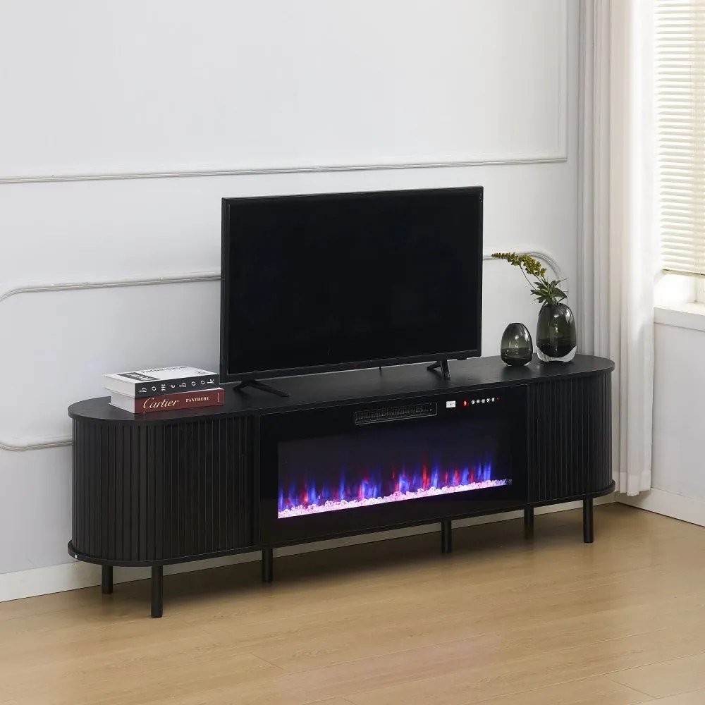 Comodă TV cu șemineu electric cu Încălzire, iluminare LED , 12 culori, Telecomandă, 180 cm, MOB136 Negru