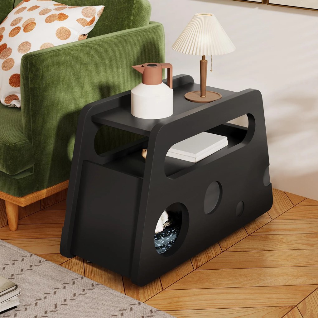 Măsuță laterală cu roți, colțuri rotunjite, mobilă, economisitoare de spațiu, pentru living și dormitor, 81x33x51,5 cm, Negru