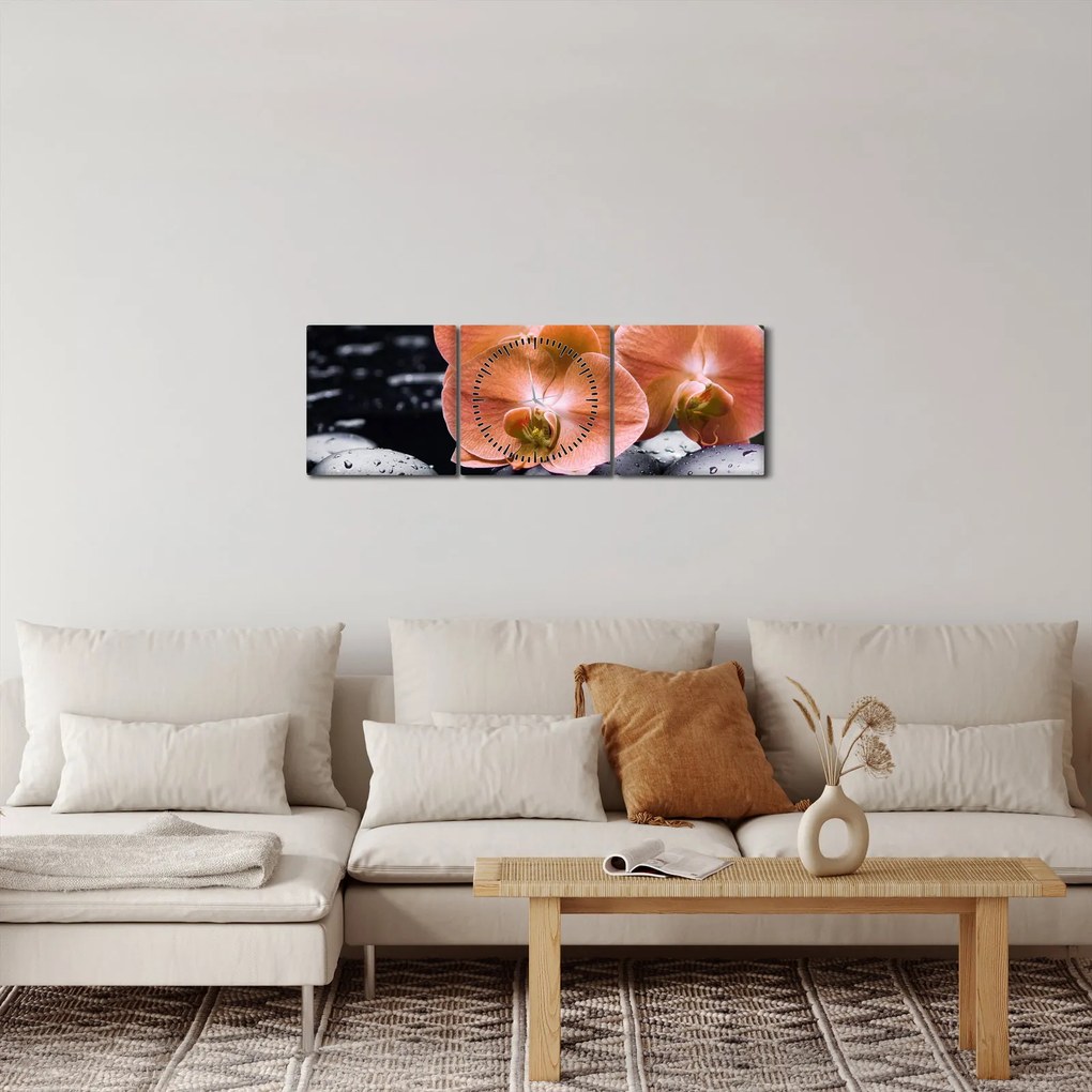 Tablou - Orhidee portocalie cu frunze de palmier (cu ceas) (90x30 cm)