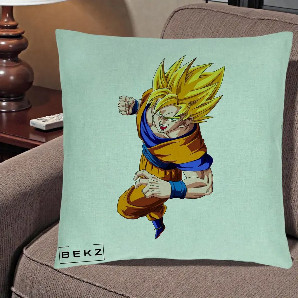 Perna Personalizata Dragon Ball Goku Super Saiyan 2 Lupta, 40x40 cm, Verde Menta, Husa Detasabila, Perna Inclusa, BEKZ®