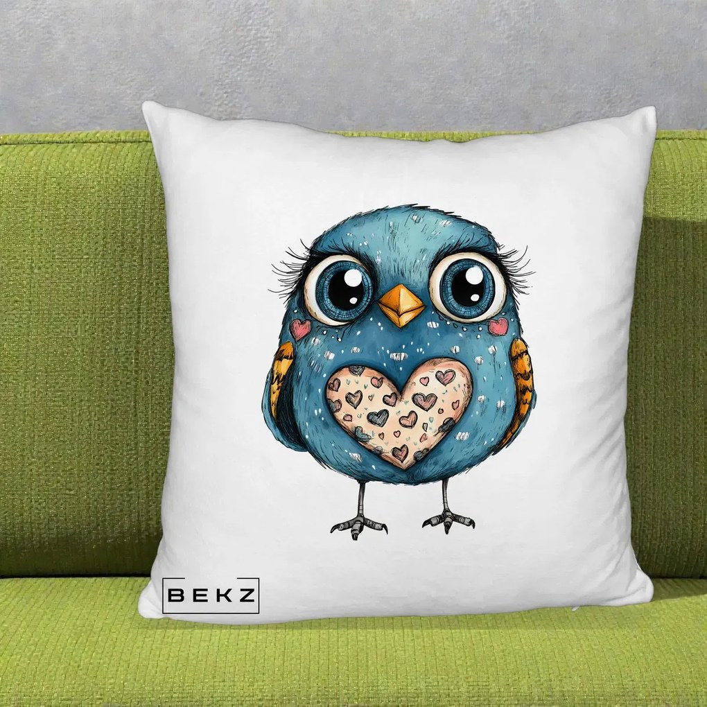 Perna Decorativa Bufnita Albastra cu Inimioare, 40x40 cm, Alb Pufos, Husa Detasabila, Perna Inclusa, BEKZ®