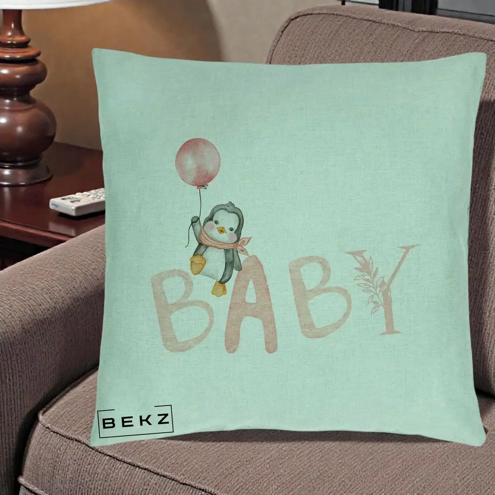 Perna Personalizata Baby Pinguin Roz, 40x40 cm, Verde Menta, Husa Detasabila, Perna Inclusa, BEKZ®