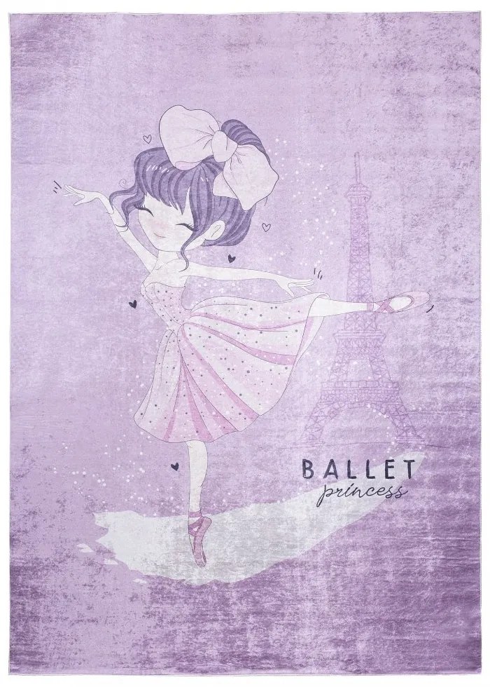 Covor violet pentru copii cu un motiv de balerină la Turnul Eiffel Lăţime: 80 cm | Lungime: 150 cm