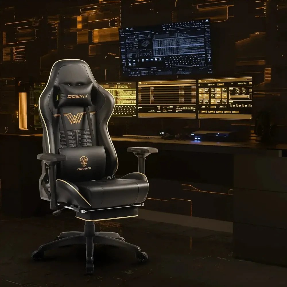 DOWINX Scaun gaming, ergonomic, pernă lombară cu masaj, suport pentru picioare, piele PU matlasata, respirabila, cotiere 4D, rezistent 150 kg, Negru