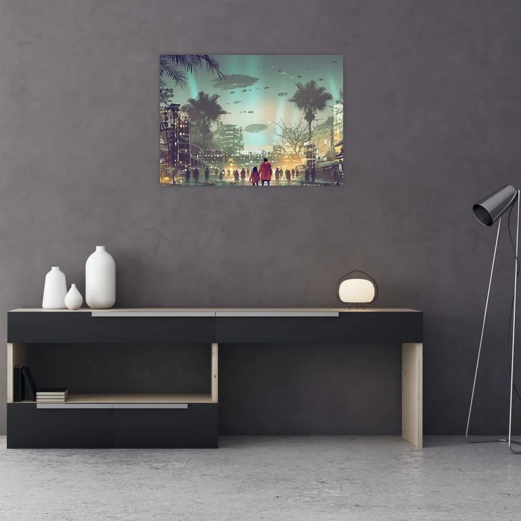 Tablou pe sticlă - Oraș în viitor (70x50 cm)