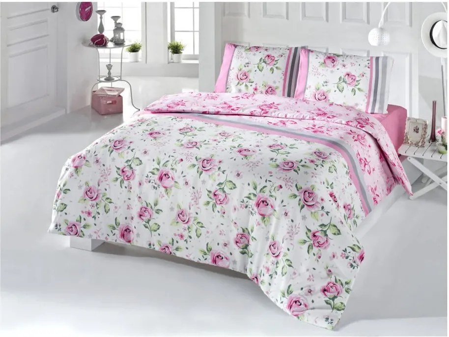 Lenjerie de pat din bumbac cu cearșaf și 2 fețe de pernă pentru pat dublu Asli, 200 x 220 cm