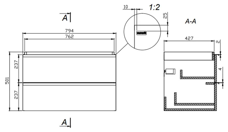 Dulap baie suspendat Cersanit Virgo 80 pentru lavoar incastrabil, alb cu manere negre Alb maner negru, 800 x 400 mm