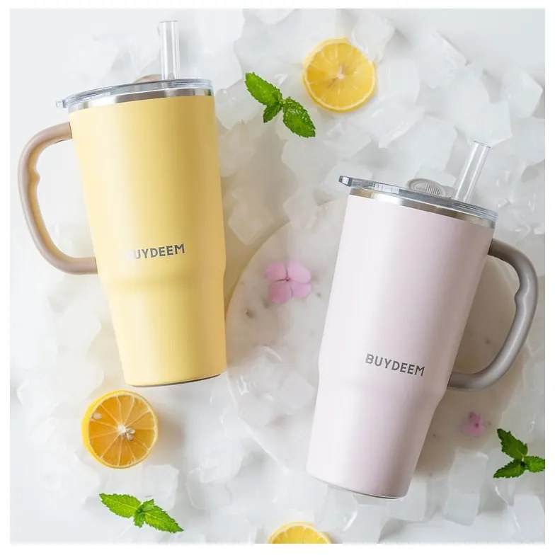 Pahar termo cu pai incorporat Buydeem DS57-MY, 700 ml, Cald/rece pana la 6 ore, Vid, Maner, Otel inoxidabil, Fara BPA, Galben