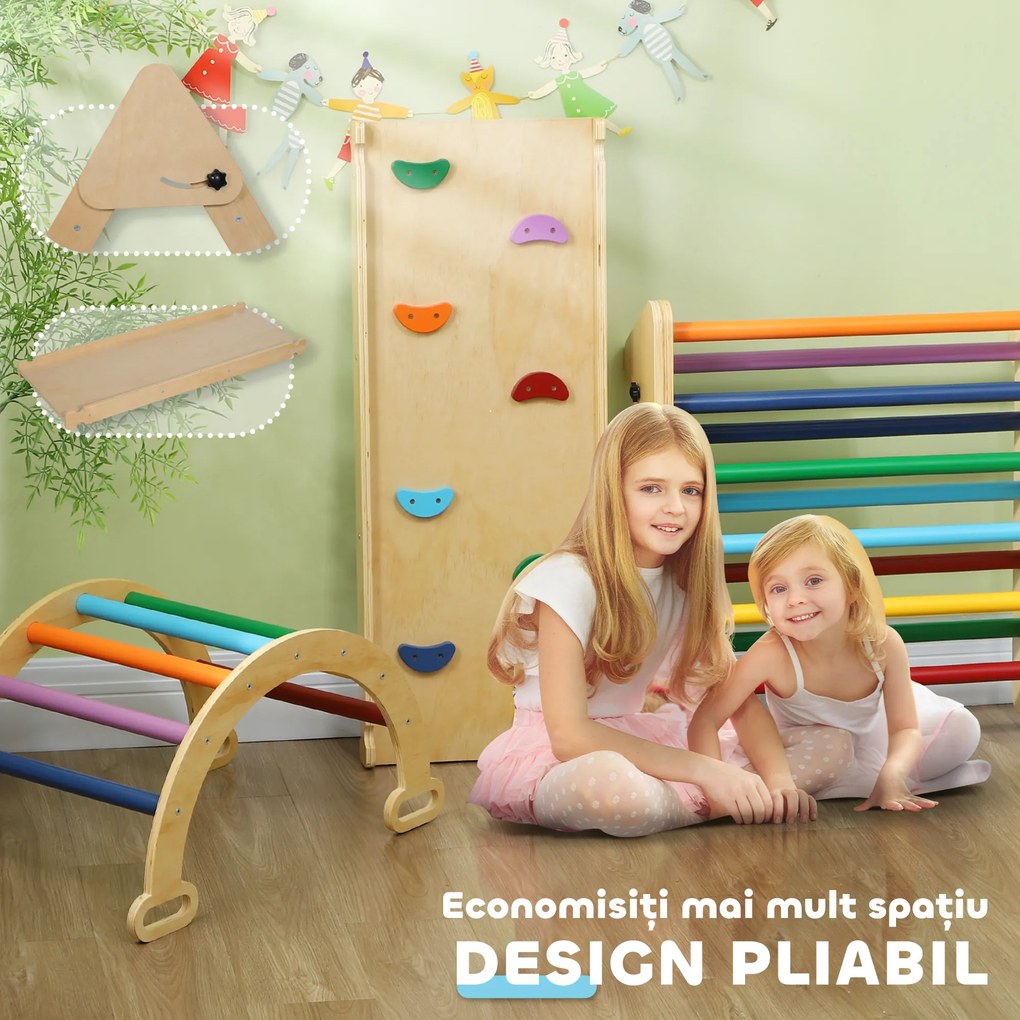 AIYAPLAY Set de Cățărat 5 în 1 cu Triunghi Montessori, Arcadă și Rampă cu Pietre, 178x64,5x63 cm, Multicolor | Aosom Romania