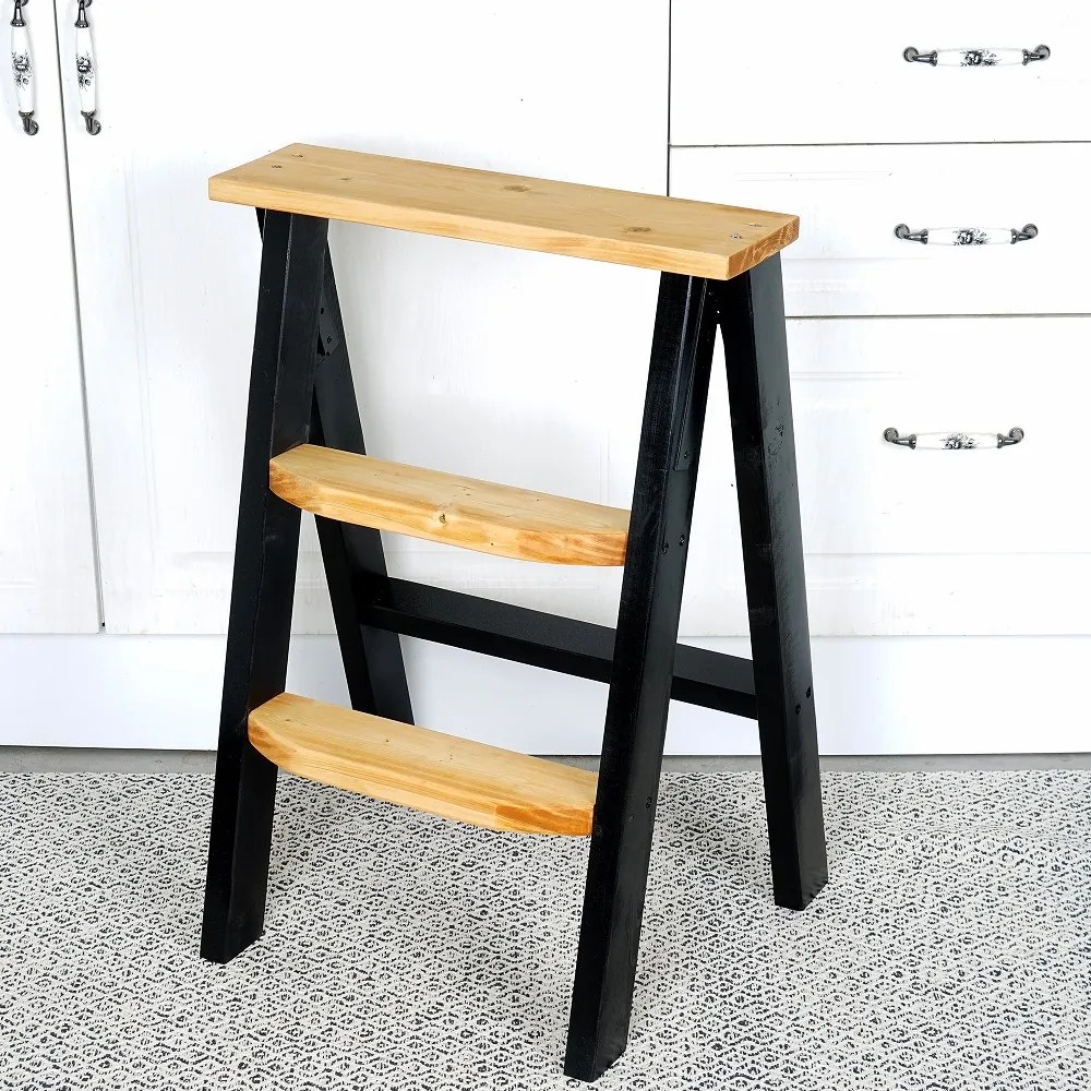 Scara pliabila cu trepte din lemn, culoare lemn natursi negru,70 cm