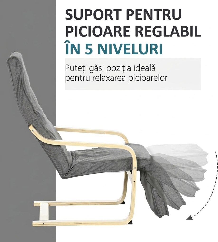 HOMCOM Fotoliu Relax cu Suport picioare pe 5 Niveluri si Tetiera, Fotoliu Ergonomic din Lemn de Mesteacan si Tesut, Gri