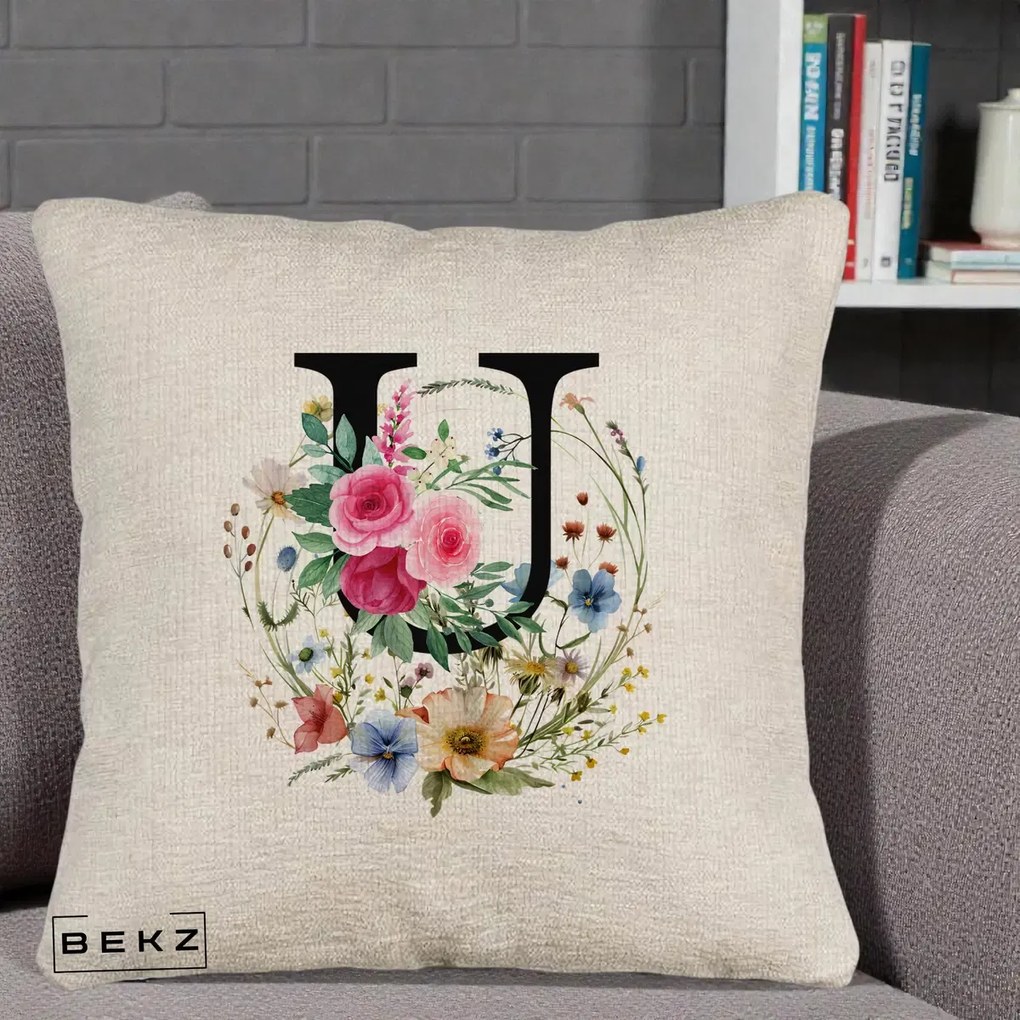 Cadou Personalizat - Perna Personalizata Monogram Litera U cu Flori Acuarela, 40x40 cm, Bej Canapea, Husa Detasabila, Perna Inclusa, BEKZ®