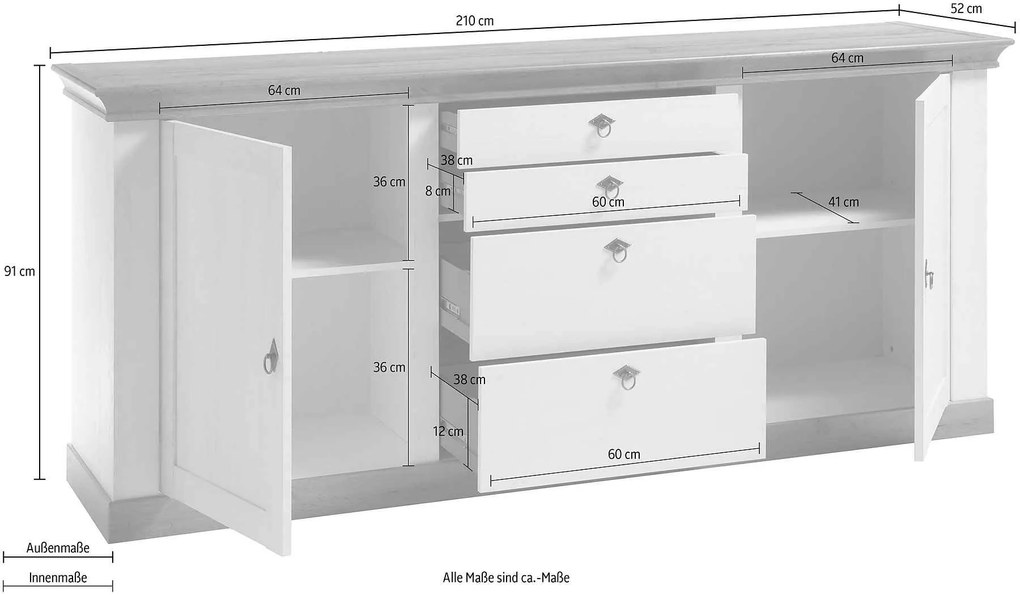 Comodă ~Trieste~ in stil rustic, cu aspect de lemn, culoare alb-maro, material MDF, mânere metalice, 210 cm lățime