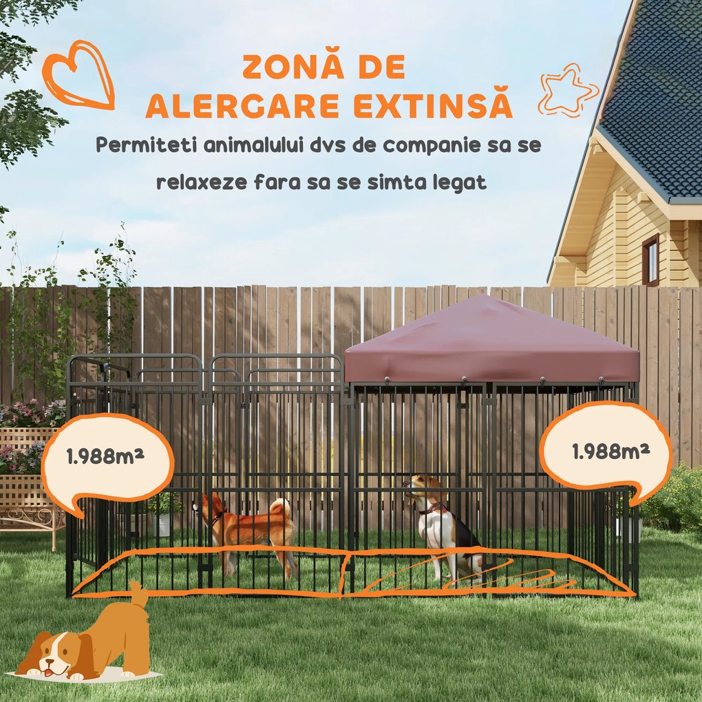 PawHut Cotet Exterior pentru Caini Tarc cu Copertină Impermeabilă pentru Talie Medie și Mare Maro | Aosom Romania