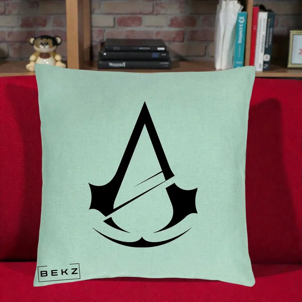 Perna Personalizata Assassin's Creed Minimalist, 40x40 cm, Verde Menta, Husa Detasabila, Perna Inclusa, BEKZ®