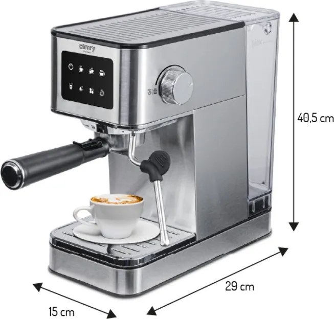 Aparat de espresso 7-în-1 Camry CR 4389, 1200 W, 20 bar, 1,7 l, control PID, panou LCD tactil, încălzire cești, extracție la rece, oțel inoxidabil