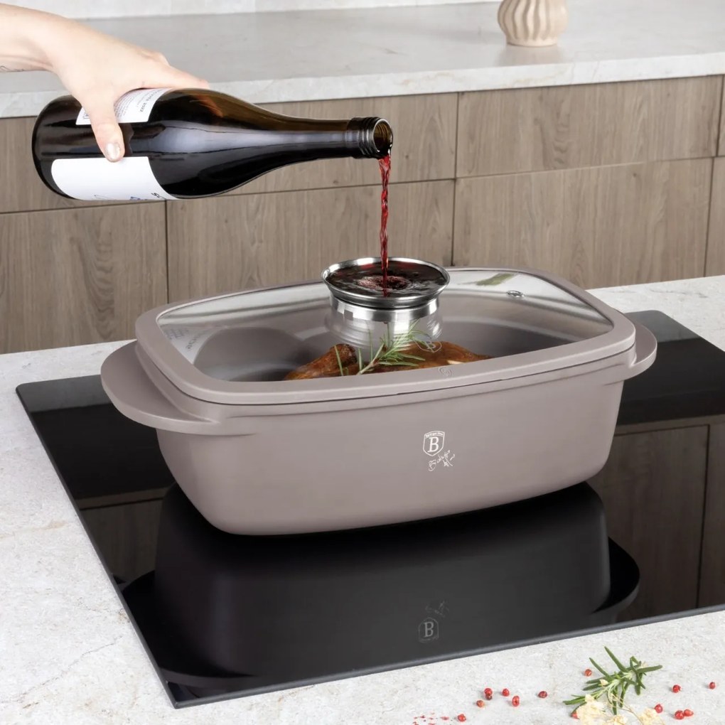 RESIGILAT - Tavă roaster cu capac 32x21 cm, 6L – Berlinger Haus Taupe Collection BH 8778, gri, antiaderentă, ideală pentru friptură la cuptor, cu