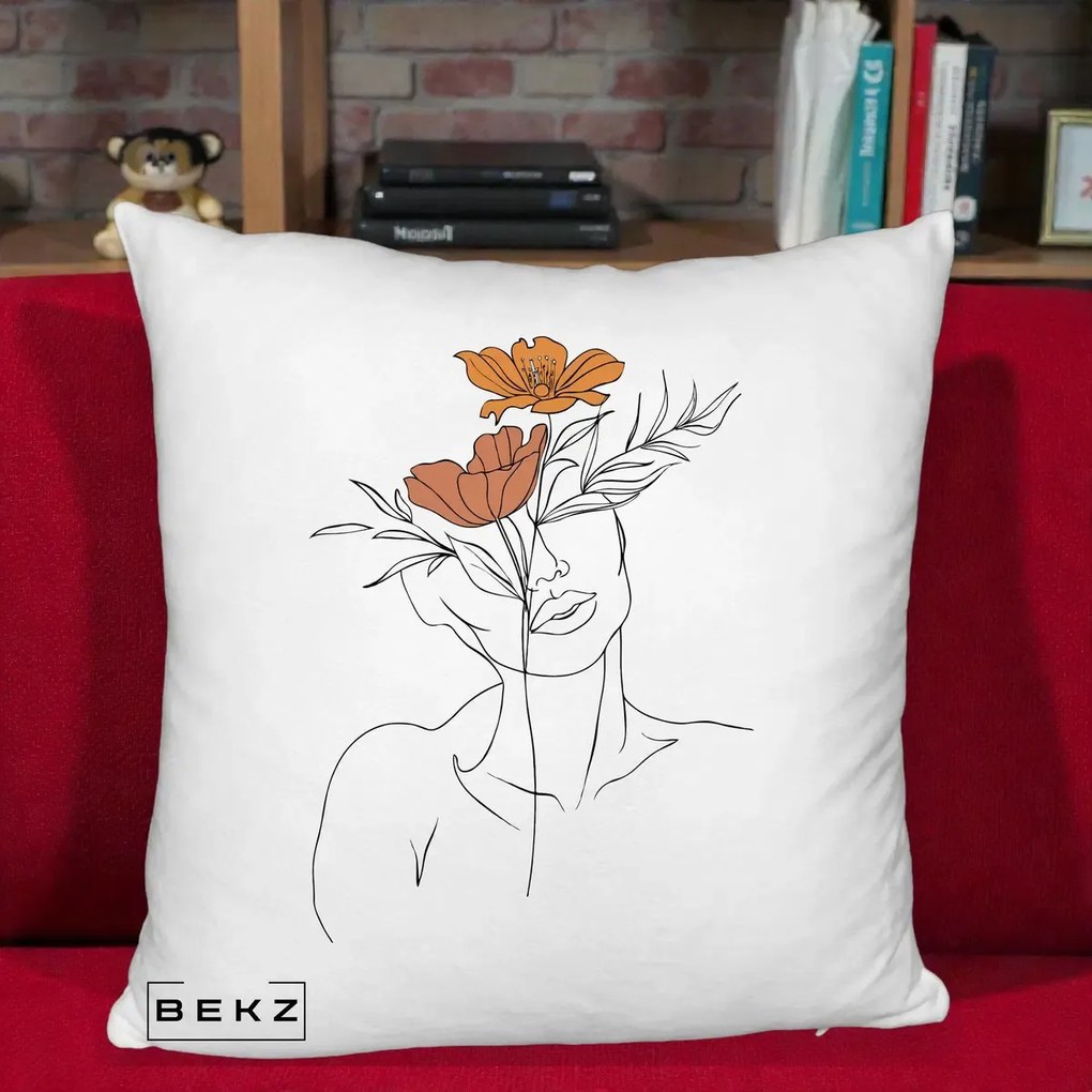 Perna Decorativa Portret Feminin Doua Flori, 40x40 cm, Alb Pufos, Husa Detasabila, Perna Inclusa, BEKZ®
